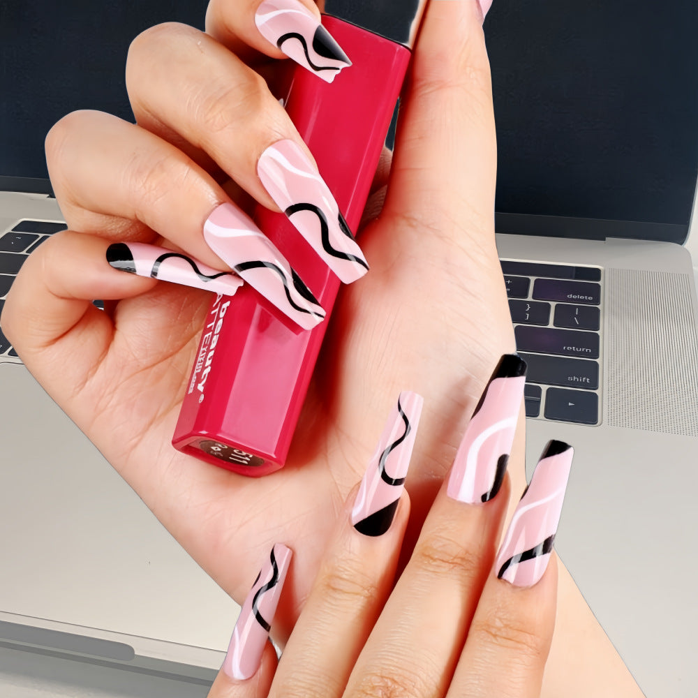 Chic Waves Long Coffin Pink Press On Nail Set with Unique Black Swirl Design