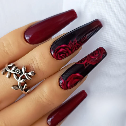 Gothic Romance Long Coffin Burgundy Nail Set with Red Rose Design