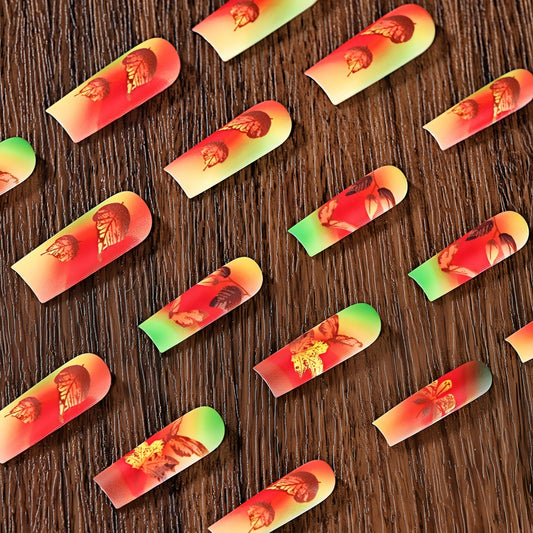 Bohemian Charm Long Square Gradient Red and Green Press On Nail Set with Leaf Pattern