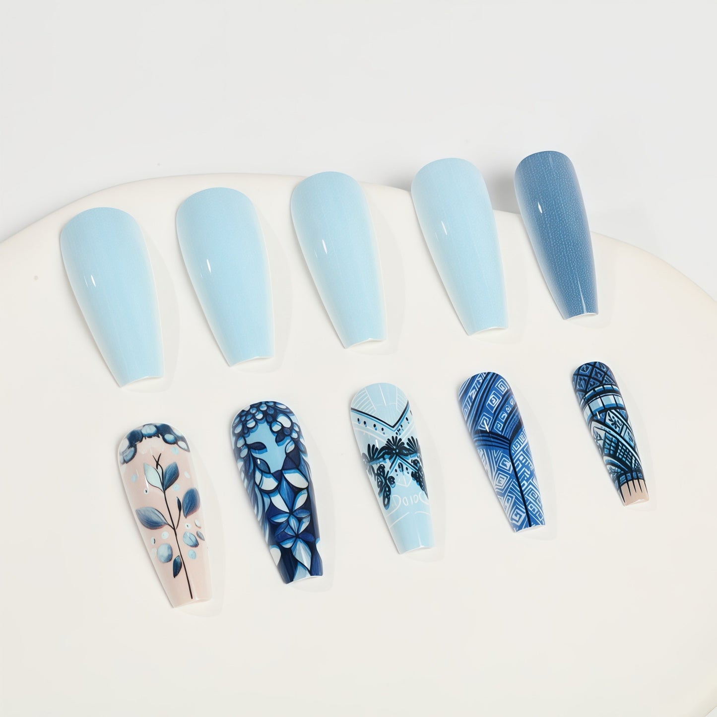 Ocean Breeze Dream Long Coffin Soft Blue with Floral and Geometric Patterns Press-On Nail Set