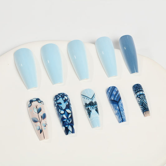 Ocean Breeze Dream Long Coffin Soft Blue with Floral and Geometric Patterns Press-On Nail Set