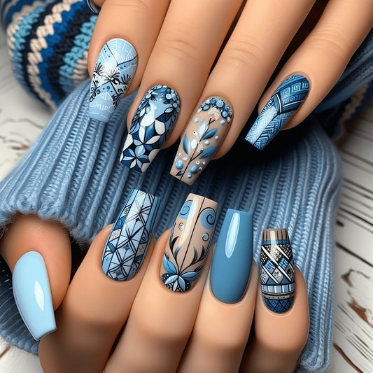Winter Wonderland Long Square Light Blue Artistic Floral Press On Nail Set