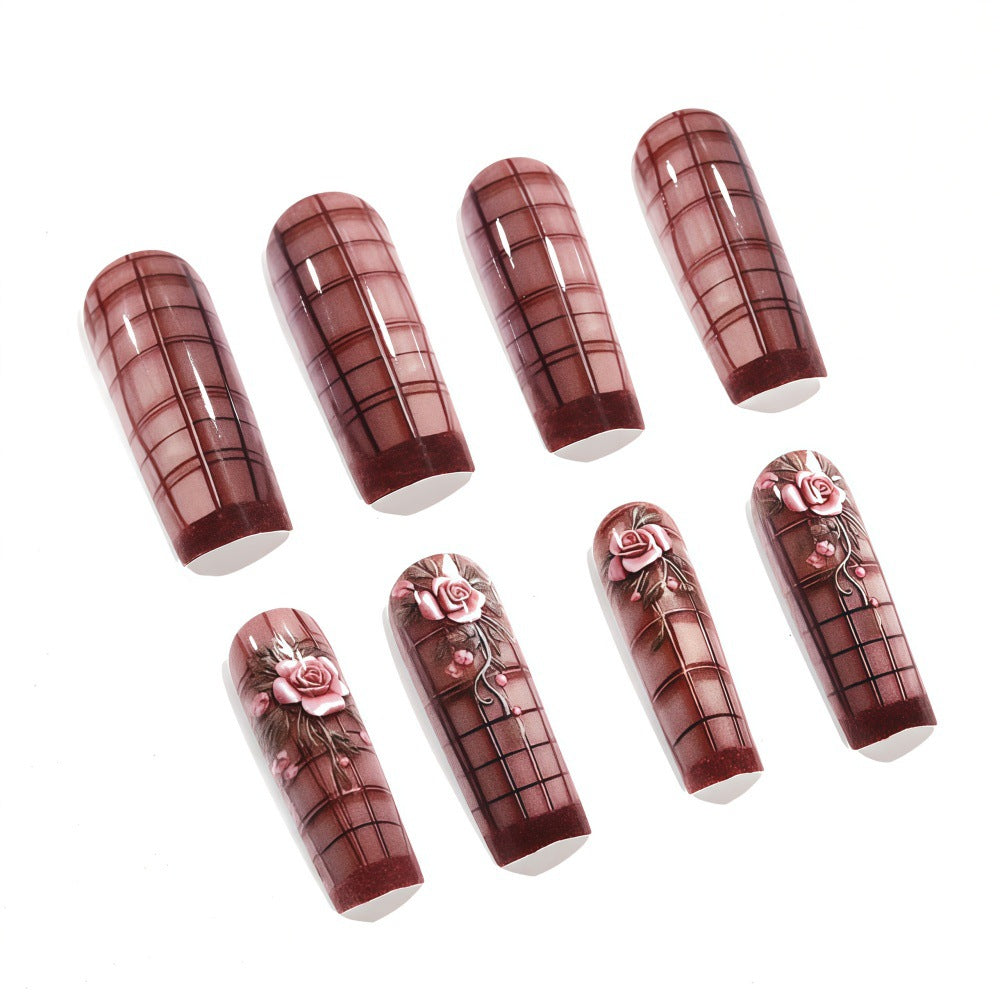 Chic Elegance Long Square Burgundy with Floral Embellishments Press on Nail Set