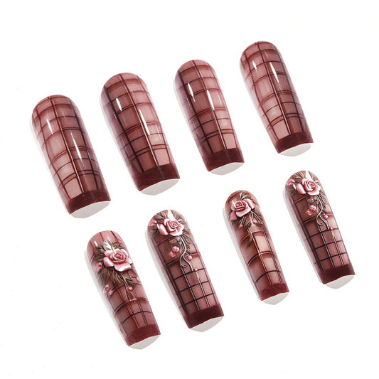 Chic Elegance Long Square Burgundy with Floral Embellishments Press on Nail Set