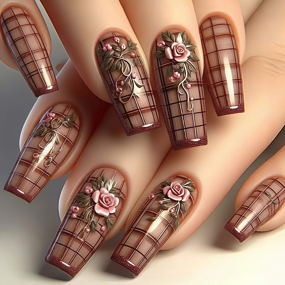 Romantic Blooms Long Square Transparent Brown Nail Set with Intricate Rose and Vine Design