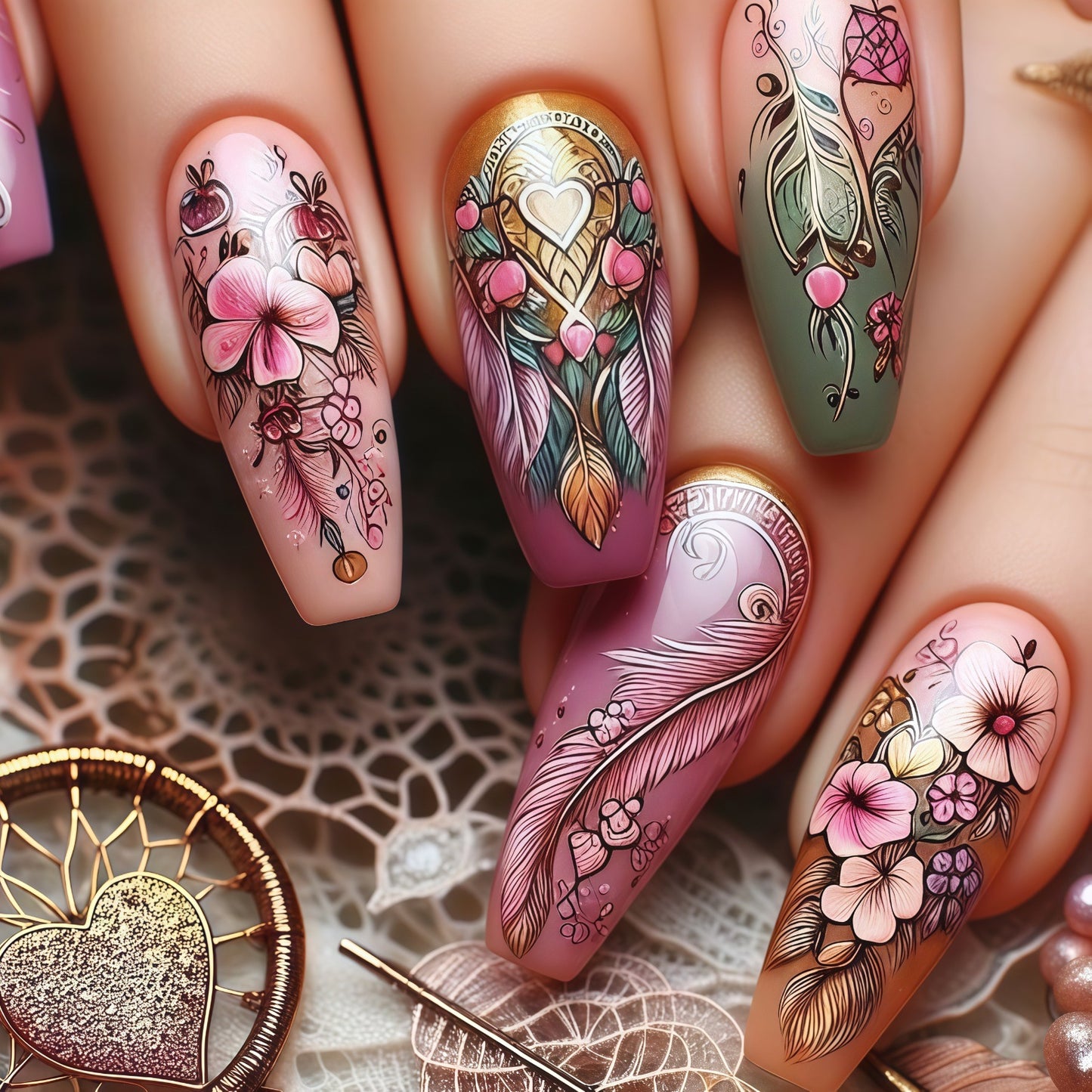 Whimsical Floral Charm Long Coffin Shape Pink with Intricate Botanical Designs Press On Nail Set