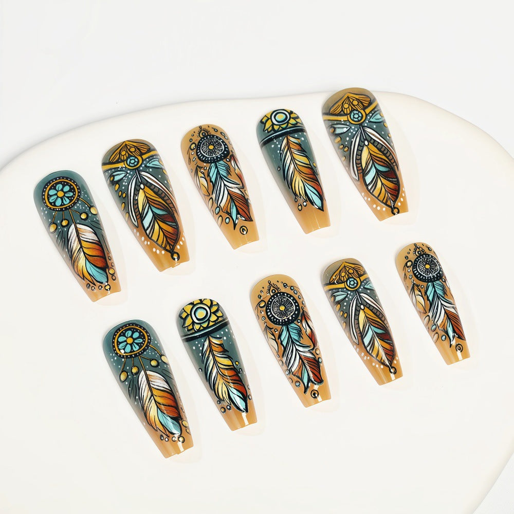 Bohemian Dream Long Coffin Shaped Multicolor Press On Nail Set with Feather-Inspired Designs
