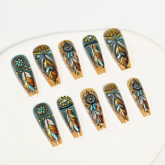 Bohemian Dream Long Coffin Shaped Multicolor Press On Nail Set with Feather-Inspired Designs