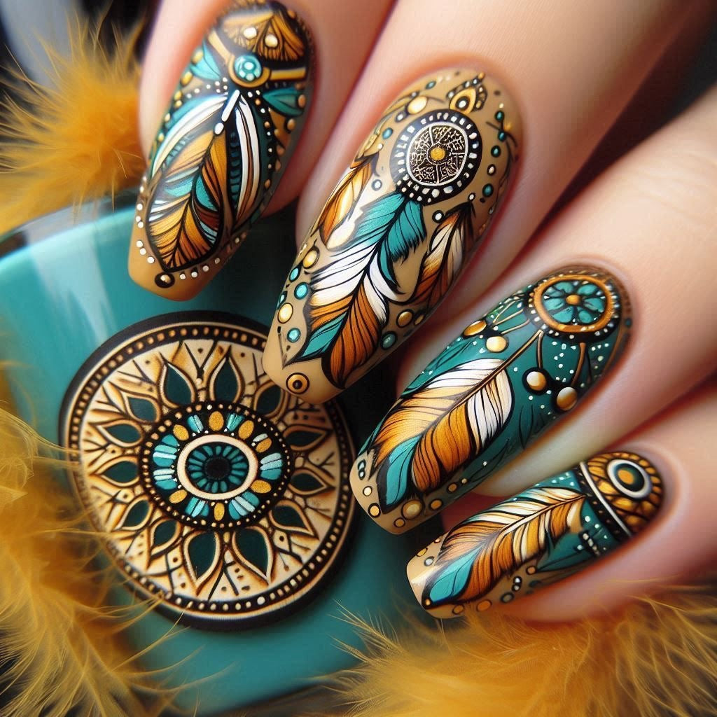 Bohemian Dream Long Almond Teal and Tan Nail Set with Intricate Feather Design