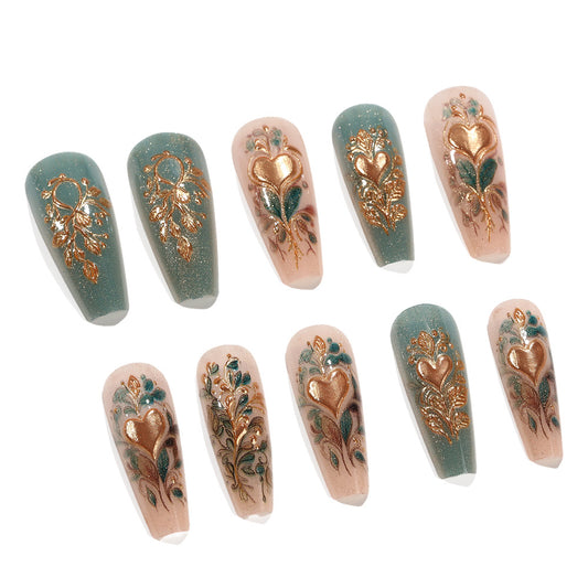 Enchanting Garden Dream Press-On Nail Set in Long Coffin Shape Teal and Blush with Intricate Gold Floral Design
