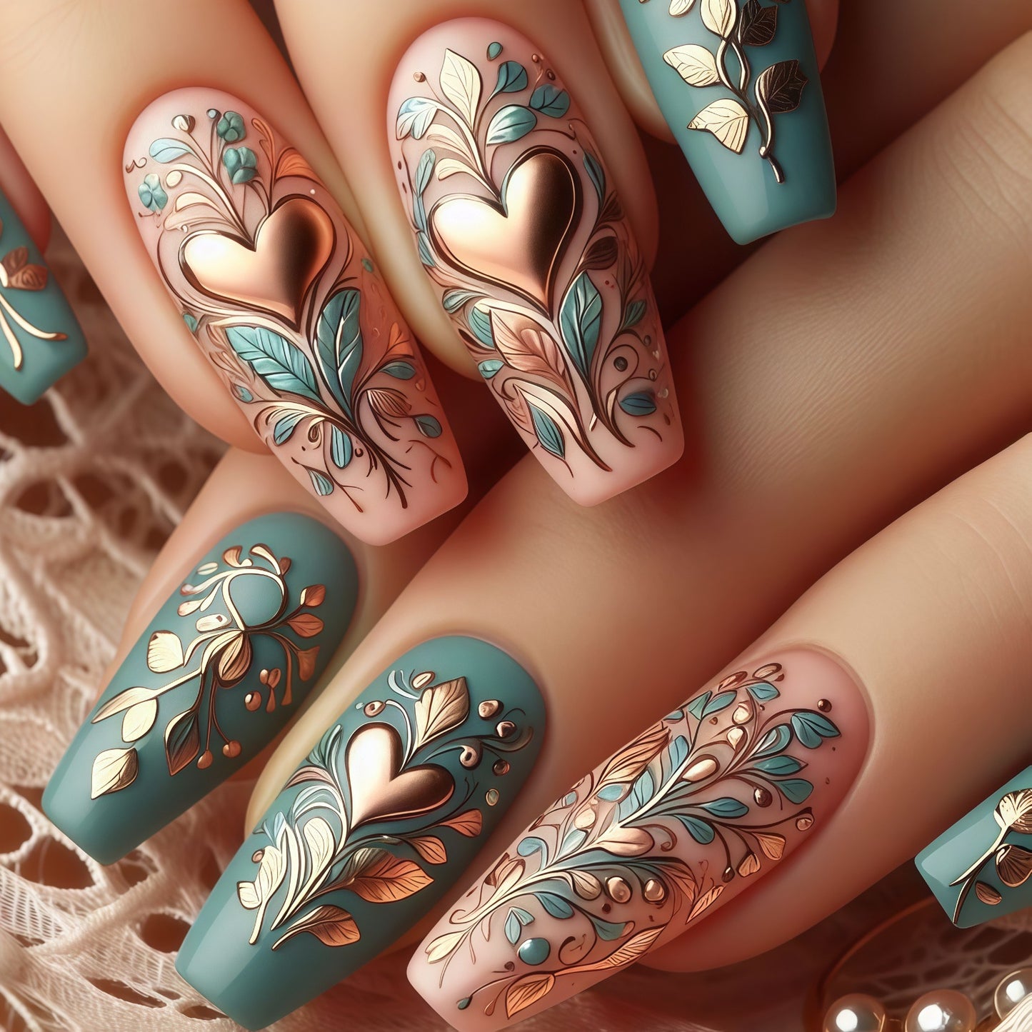 Whimsical Garden Long Coffin Blue and Pink Press on Nail Set with Elegant Leaf and Heart Design