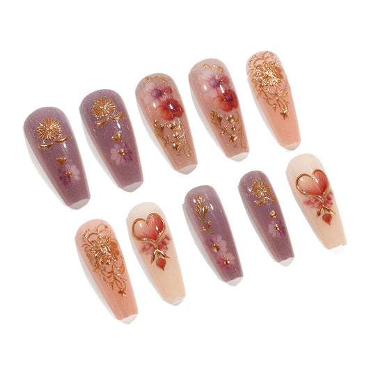 Romantic Garden Long Coffin Lavender Pink Press-on Nail Set with Elegant Floral Accents