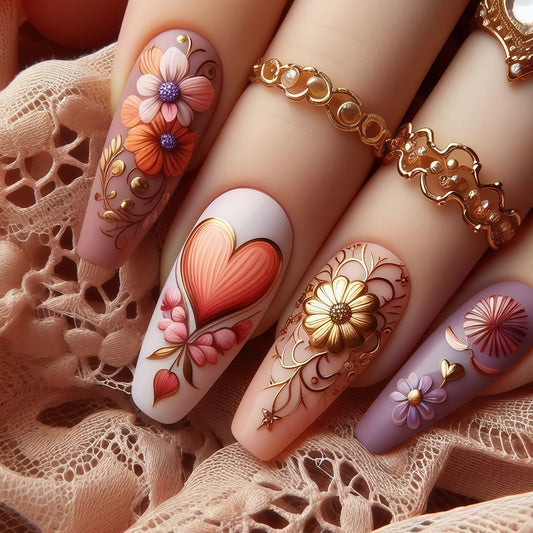 Garden Glamour Long Coffin Pink Floral Press On Nail Set with Elegant Gold Accents