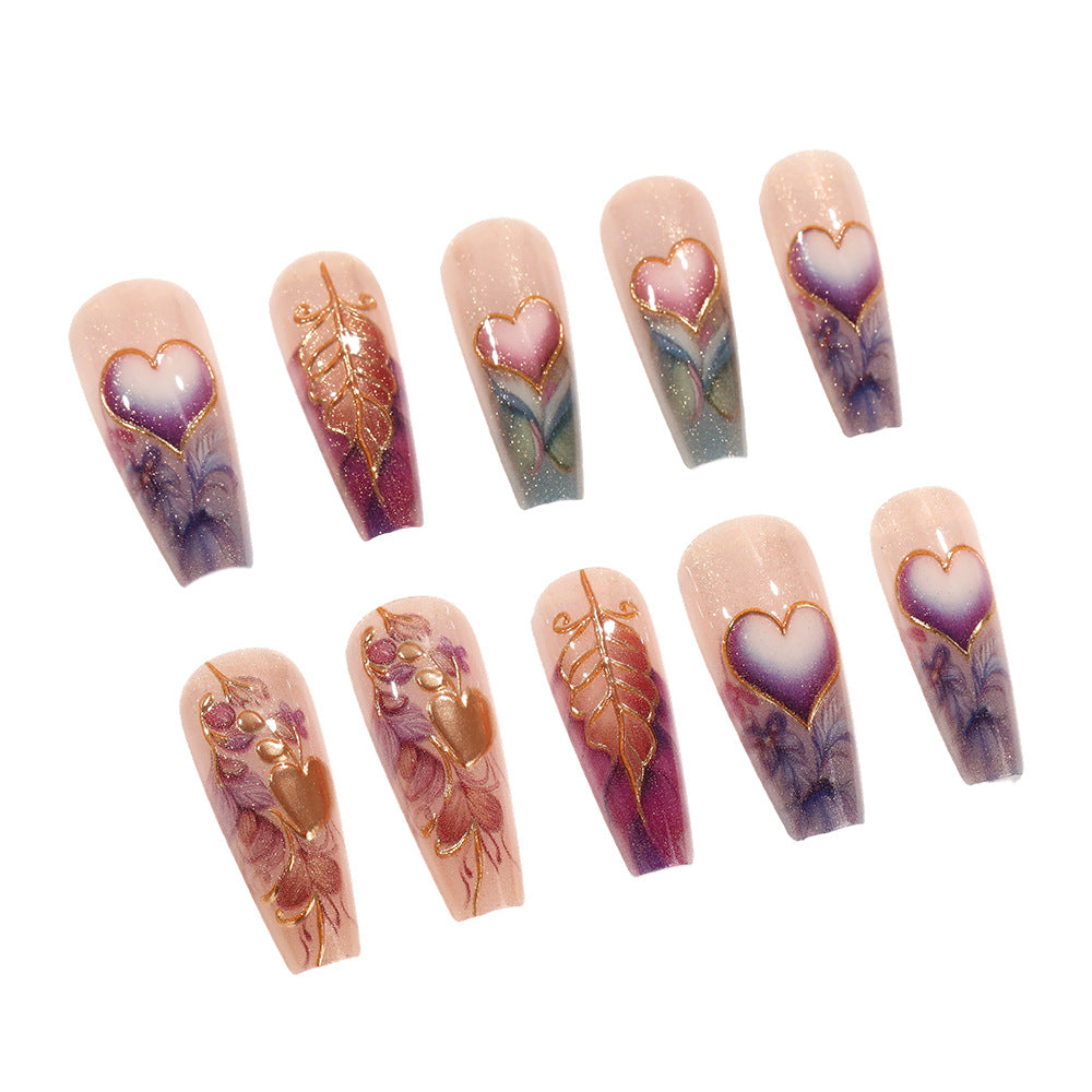 Romantic Garden Theme Long Coffin Shaped Gradient Pink and Purple Nail Set with Heart and Floral Designs