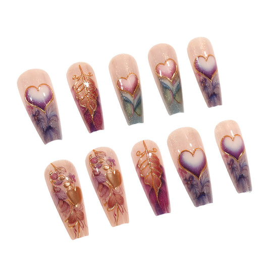 Romantic Garden Theme Long Coffin Shaped Gradient Pink and Purple Nail Set with Heart and Floral Designs