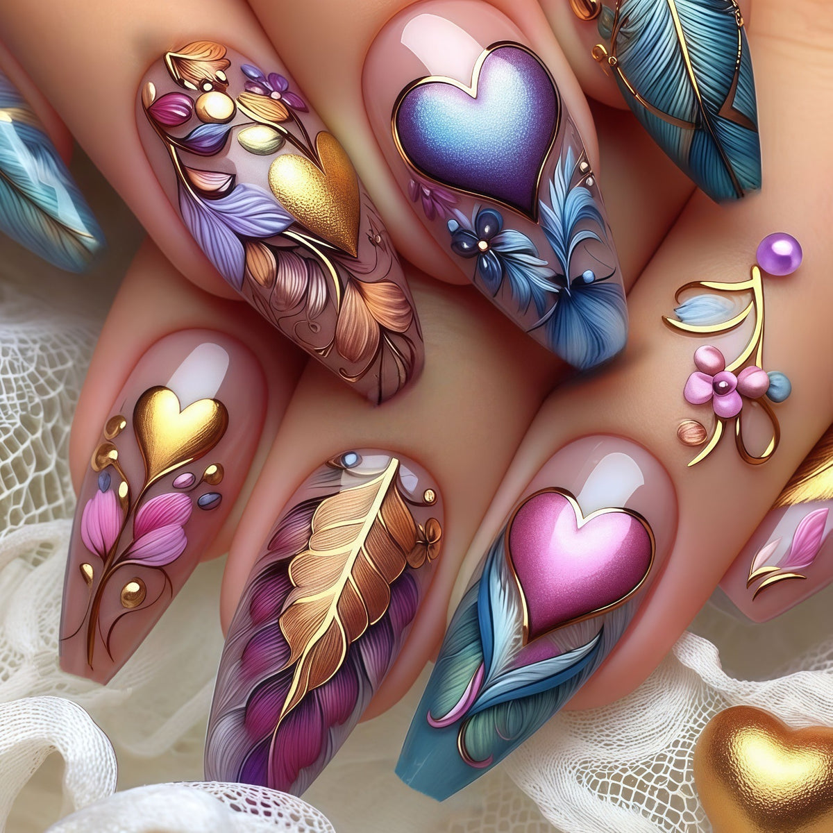 Enchanting Garden Long Coffin Shaped Multicolored with Intricate Leaf and Heart Designs Press On Nail Set