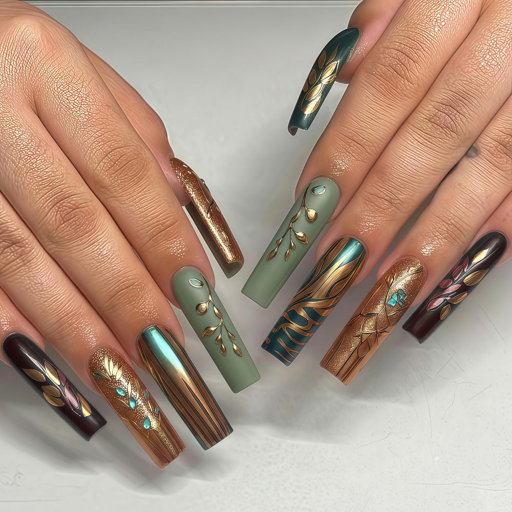 Enchanted Garden Long Square Press-On Nail Set in Emerald Green and Rich Bronze with Intricate Floral Designs