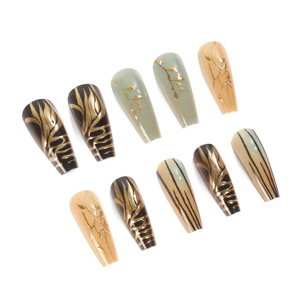 Botanical Elegance Long Coffin Green Brown and Gold Artistic Design Press On Nail Set
