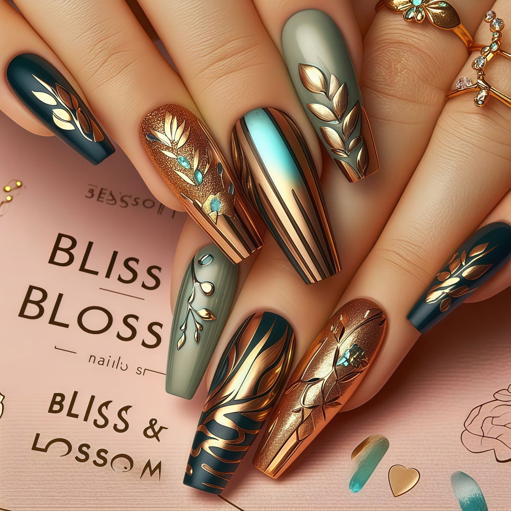 Bohemian Elegance Long Coffin Green and Blue Press on Nail Set with Metallic Floral Embellishments