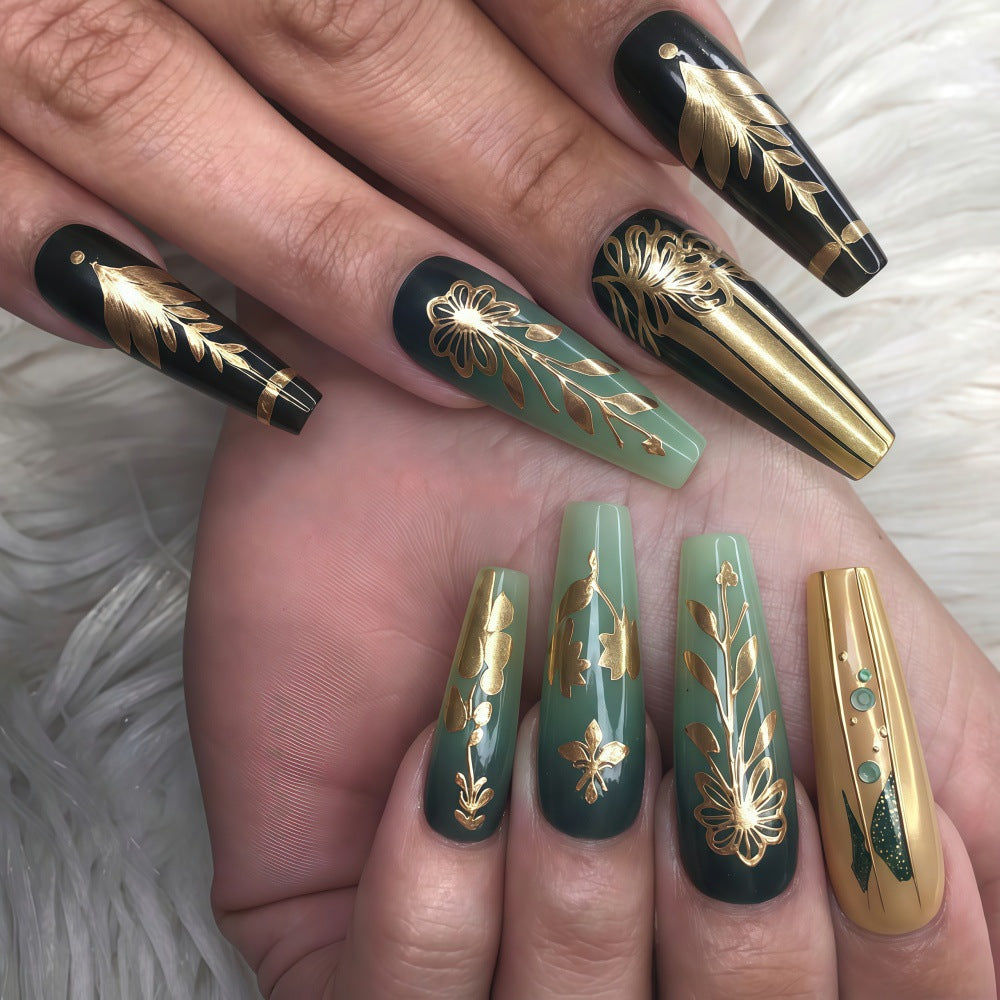 Elegant Garden Long Coffin Green and Black Press On Nail Set with Gold Floral Accents