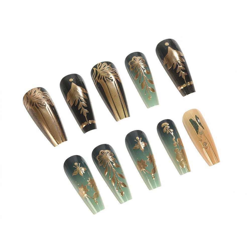 Enchanted Garden Velvet Long Coffin Ombre Green and Black Press-On Nail Set with Intricate Gold Leaf Designs