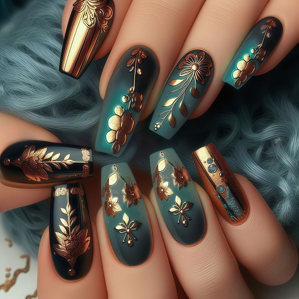 Botanical Elegance Long Coffin Dark Teal with Gold Floral Accents Nail Set