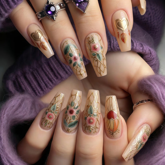 Bohemian Blossom Long Coffin Beige Floral Design Press On Nail Set