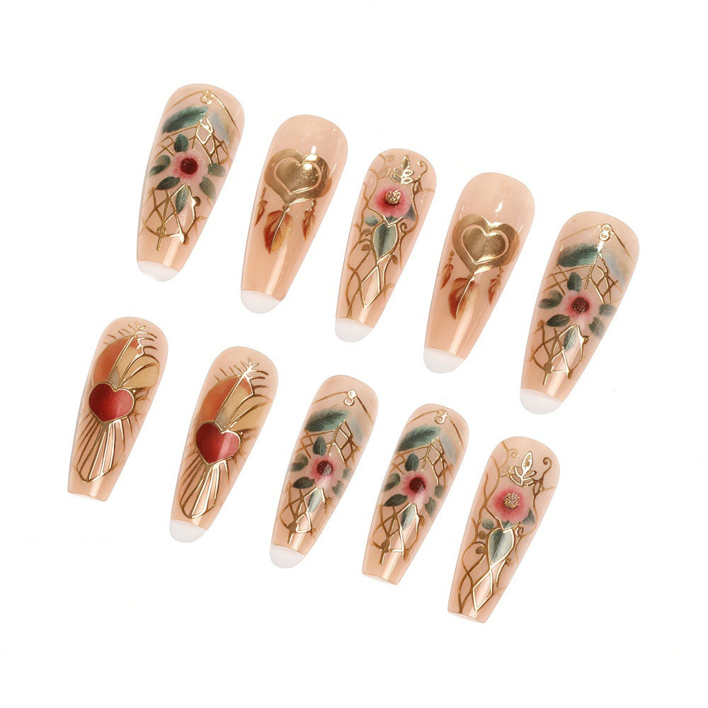 Garden Delight Elegant Long Coffin Shaped Beige Press On Nails with Floral and Heart Design