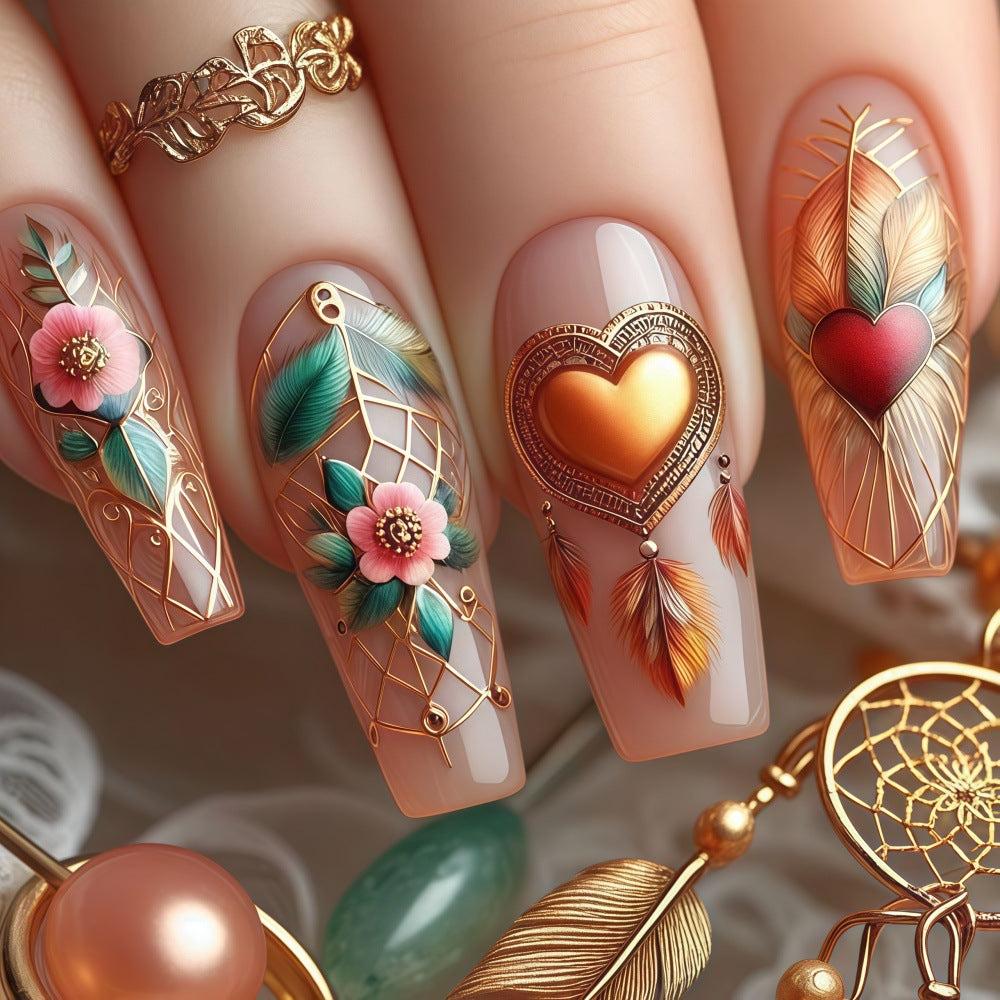 Dreamy Floral Elegance Long Coffin Peach Press-On Nail Set with Intricate Gold Accents and Charming Heart Designs