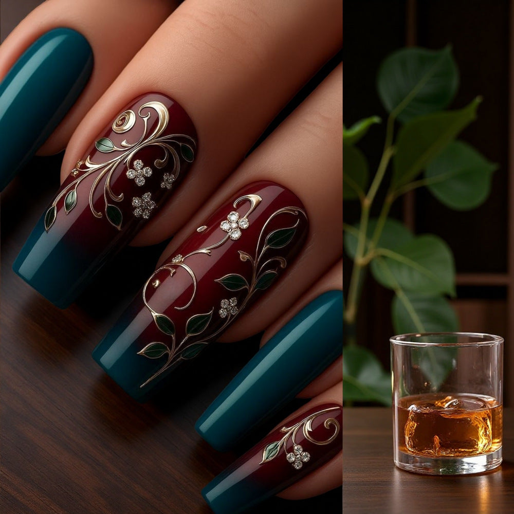 Vintage Elegance Long Square Deep Blue and Rich Burgundy with Intricate Floral Designs and Glittering Accents Press-on Nail Set
