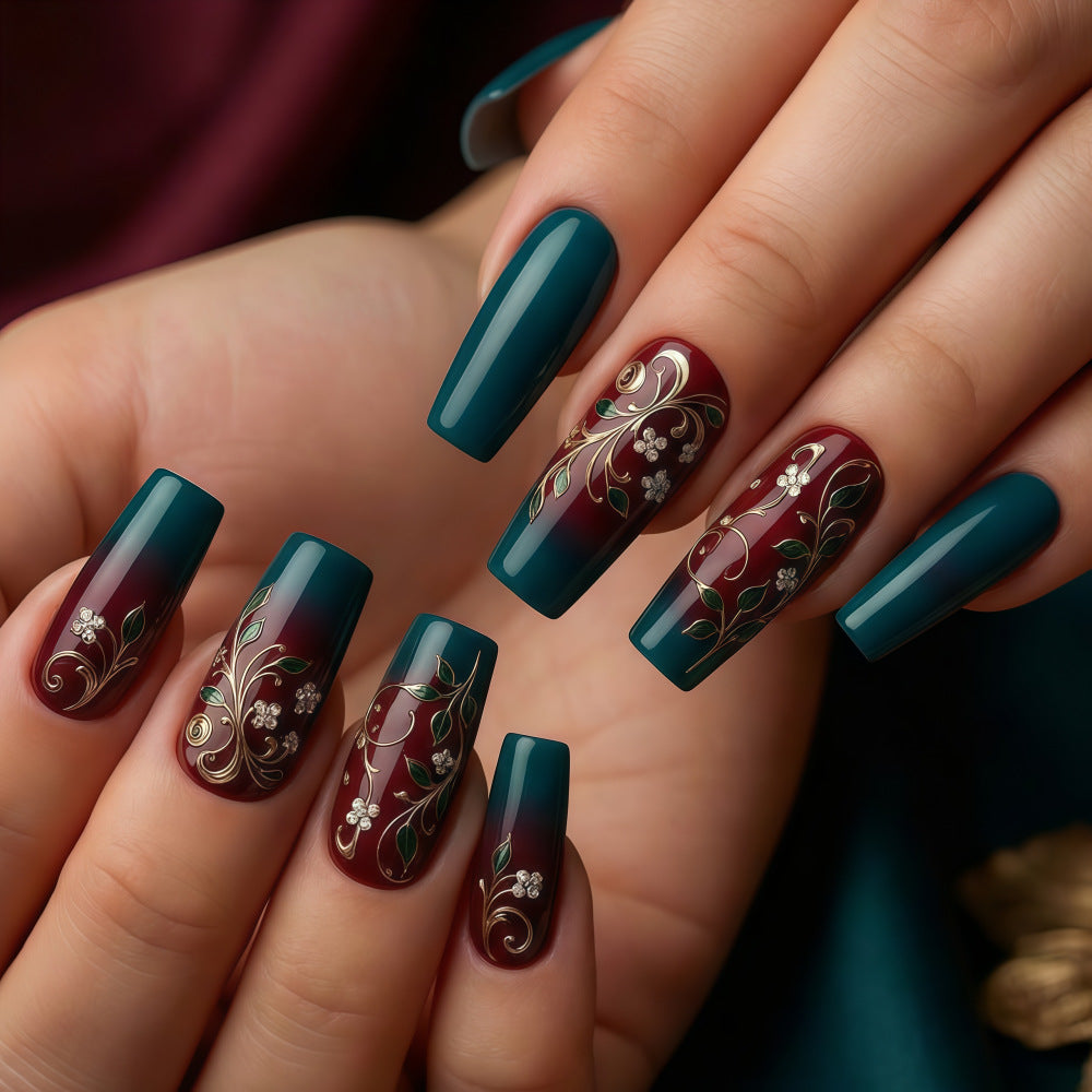 Botanical Elegance Long Square Green and Burgundy Ombre with Floral Accents Press On Nail Set