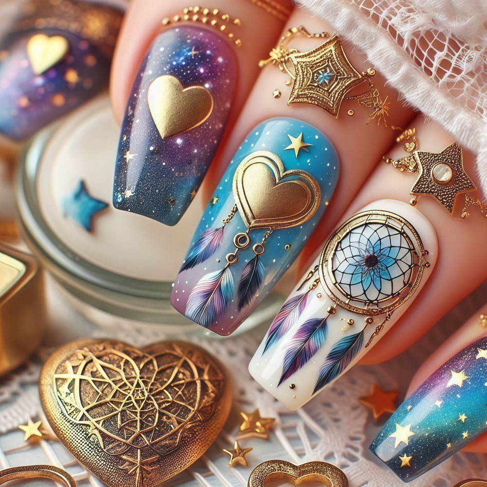 Dreamy Night Sky Long Square Gradient Blue and Purple with Unique Gold Accents Press On Nail Set