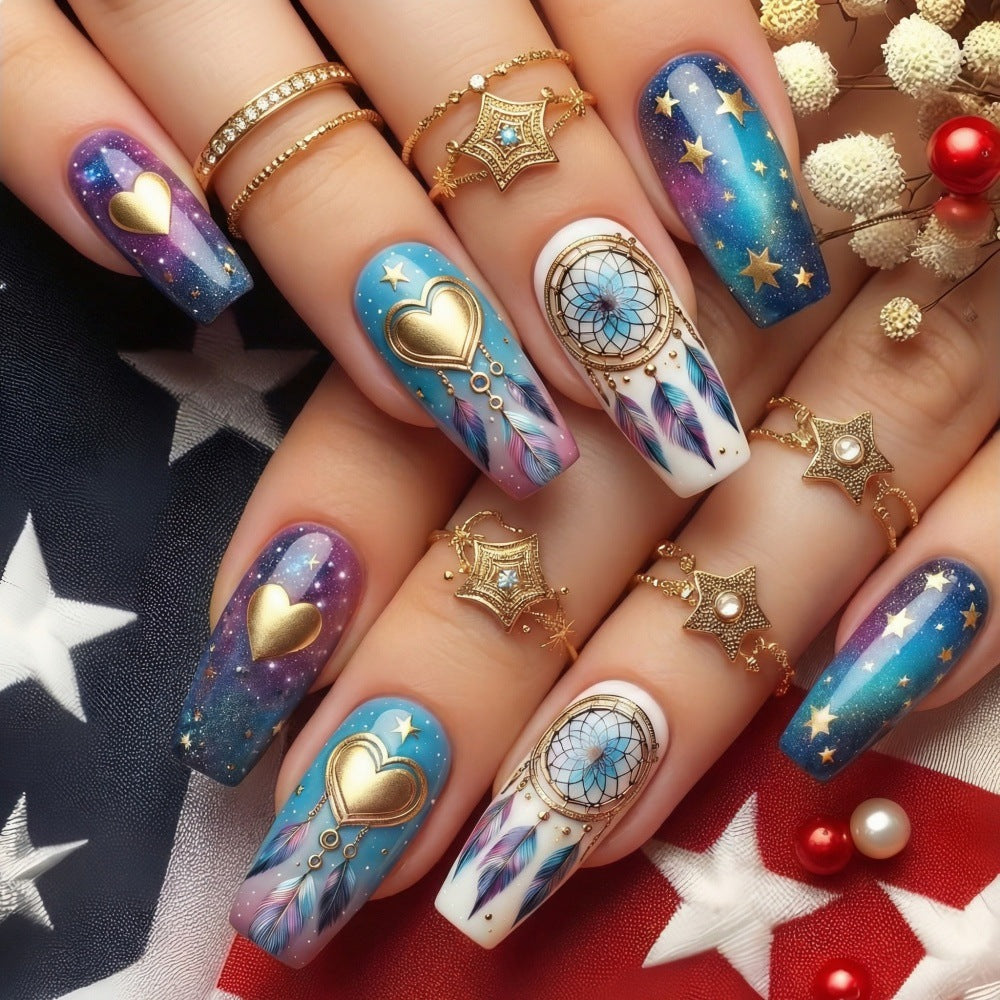 Galactic Dreams Long Square Blue and Purple with Heart and Dreamcatcher Accents Press on Nail Set