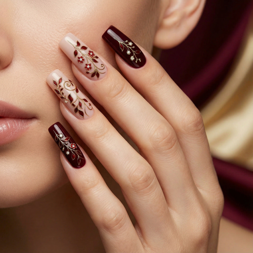 Elegant Floral Fantasy Long Square Shaped Burgundy and Beige Press-On Nail Set with Intricate Gold and Gem Accents