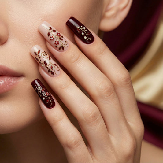 Elegant Floral Fantasy Long Square Shaped Burgundy and Beige Press-On Nail Set with Intricate Gold and Gem Accents