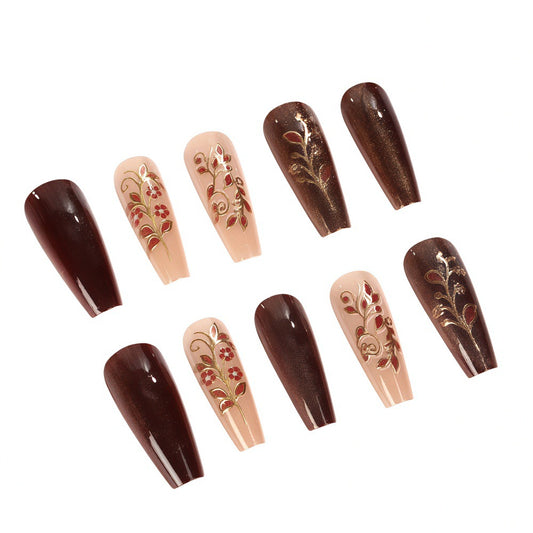 Autumn Elegance Long Coffin Brown and Beige with Golden Floral Accents Press On Nail Set