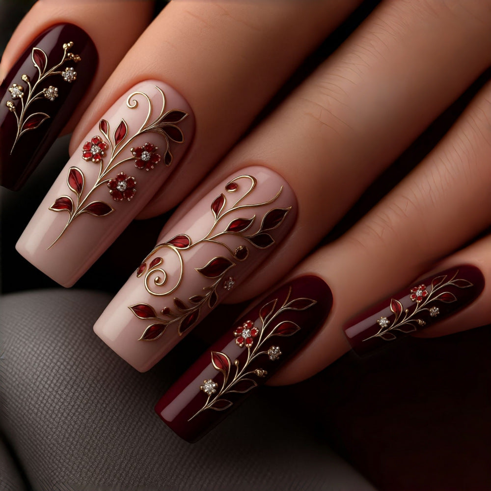 Botanical Elegance Long Square Burgundy and Beige Press on Nail Set with Intricate Floral Designs and Gem Accents