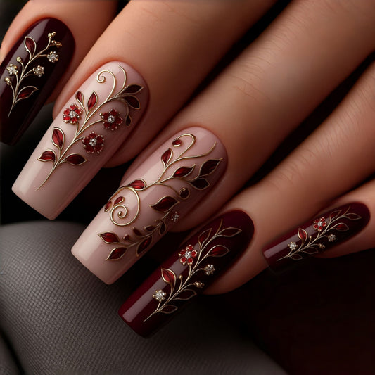 Botanical Elegance Long Square Burgundy and Beige Press on Nail Set with Intricate Floral Designs and Gem Accents