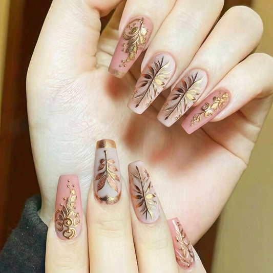 Elegant Garden Long Coffin Pink With Intricate Gold Floral Designs Press-On Nail Set