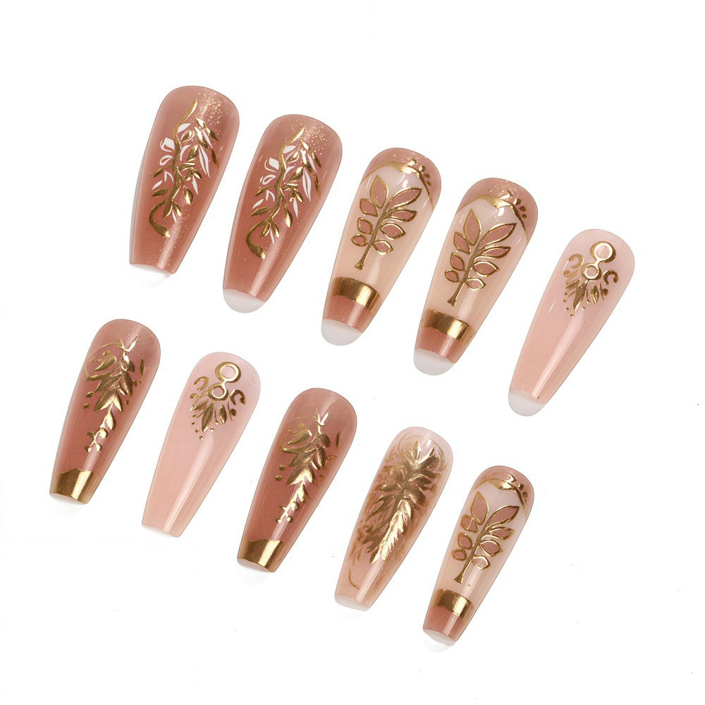 Elegant Botanical Charm Long Coffin Shaped Rose Gold Press On Nail Set with Intricate Leaf Design