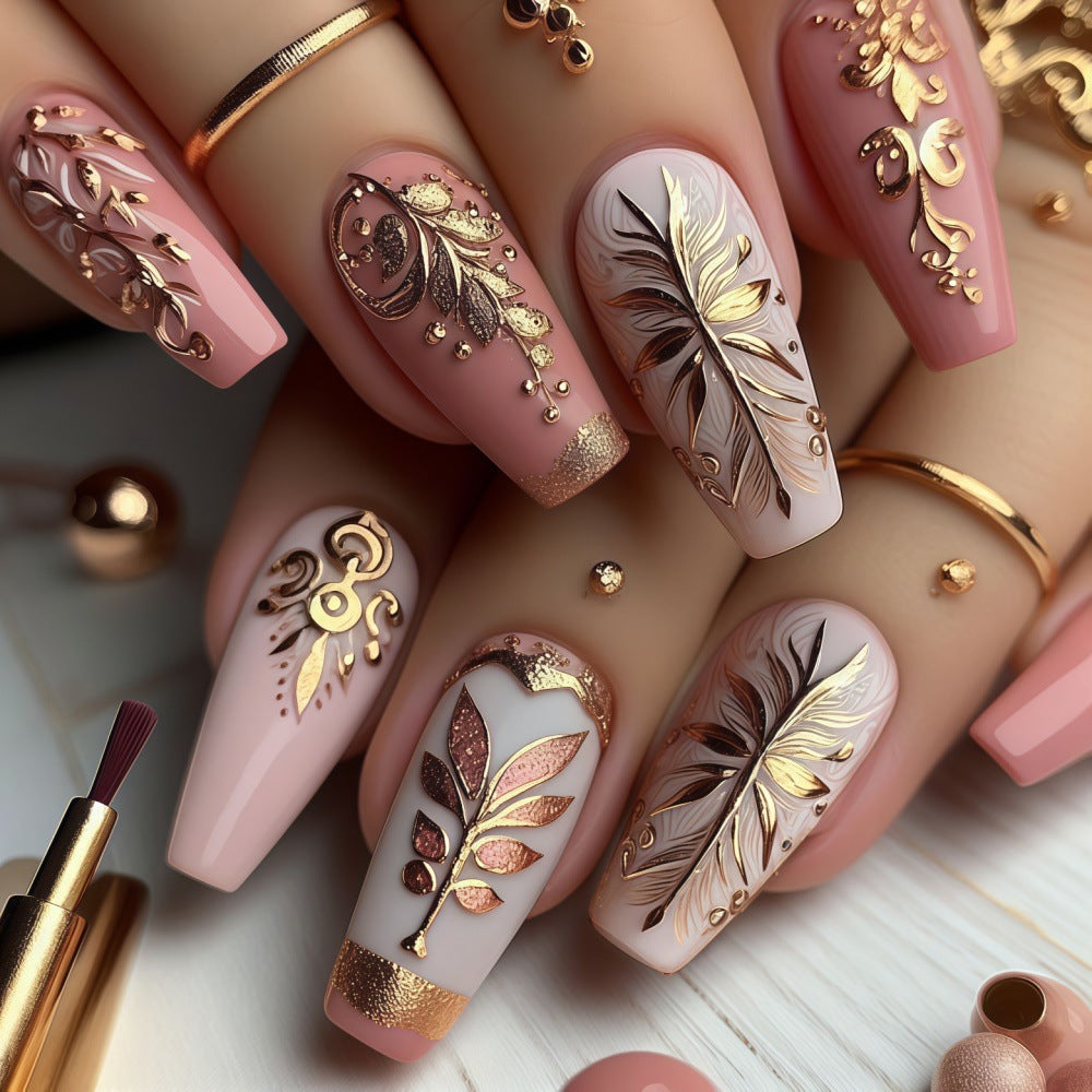 Elegant Garden Bliss Long Coffin Pink Press On Nail Set with Stunning Gold Floral Accents