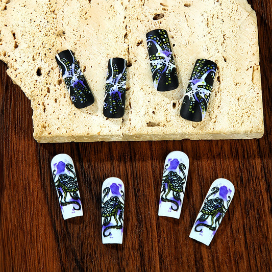 Nautical Elegance Long Glossy Black and White Square Press-On Nail Set with Intricate Octopus Design