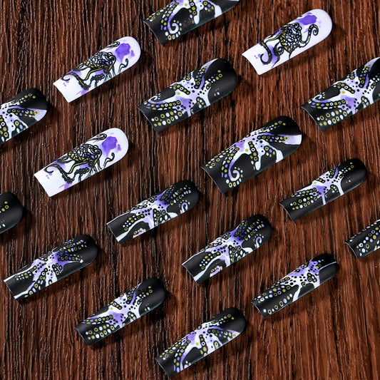 Mystical Oceanic Essence Long Square Black and White with Vibrant Octopus Design Press on Nail Set