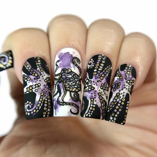 Oceanic Adventure Long Square Black and Purple Press on Nail Set with Exquisite Octopus Design
