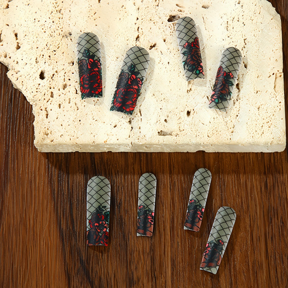 Enchanted Garden Long Square Translucent Gray with Floral Lace Design Press On Nail Set