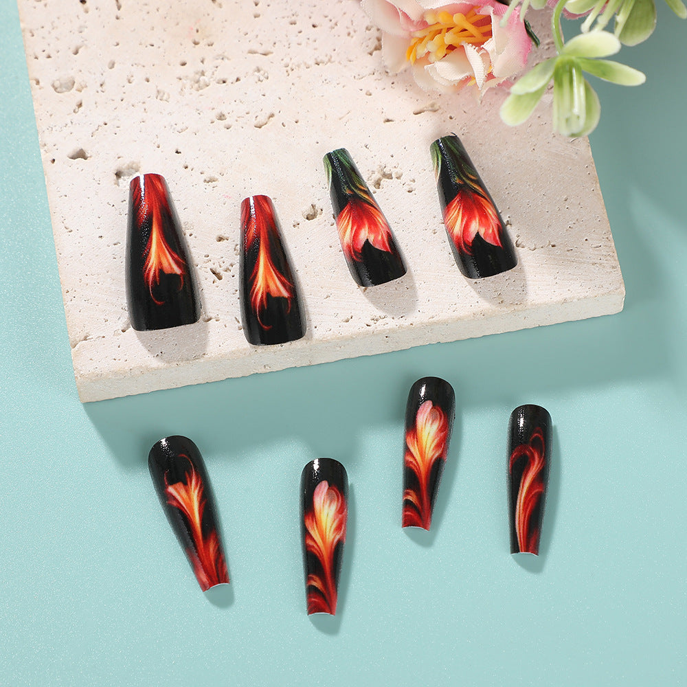 Floral Elegance Long Coffin Black Press-on Nail Set with Vibrant Flame Design