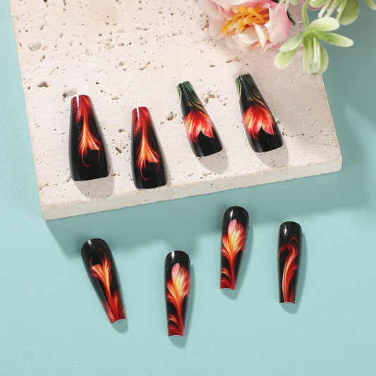 Floral Elegance Long Coffin Black Press-on Nail Set with Vibrant Flame Design