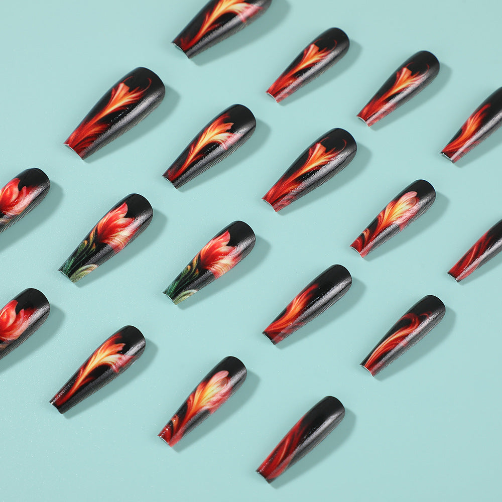 Floral Elegance Long Coffin Black with Vibrant Red and Green Design Press On Nail Set