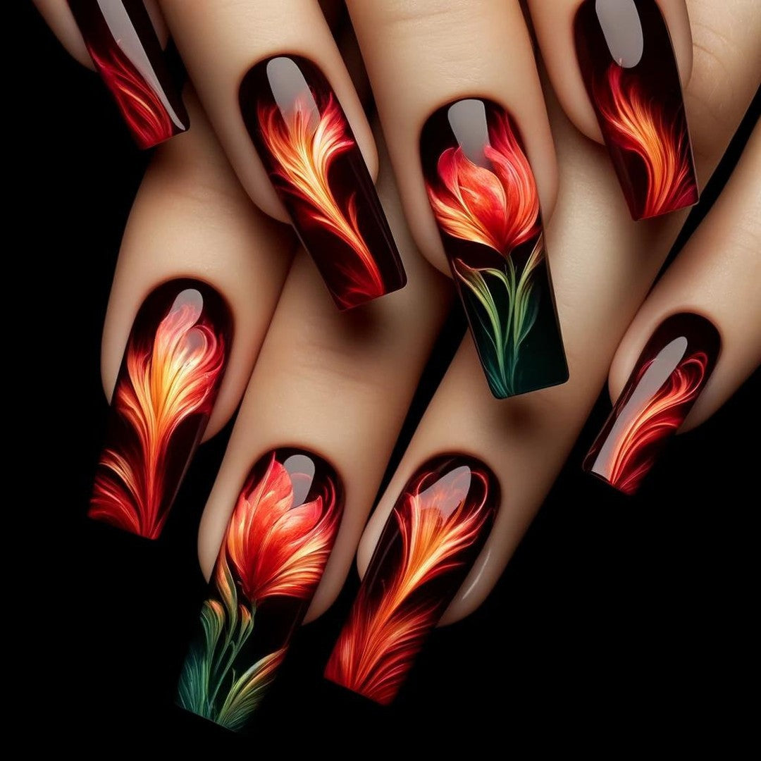 Floral Fantasy Long Square Press On Nail Set in Fiery Red with Elegant Artistic Design