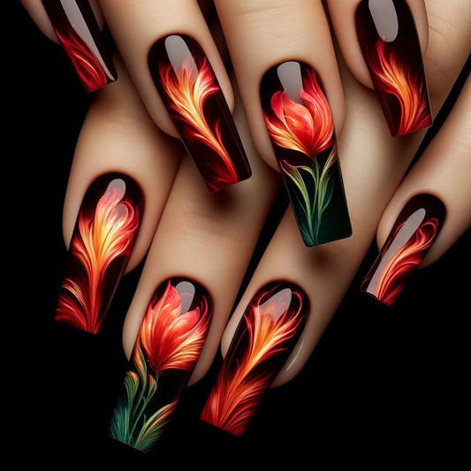Floral Fantasy Long Square Press On Nail Set in Fiery Red with Elegant Artistic Design